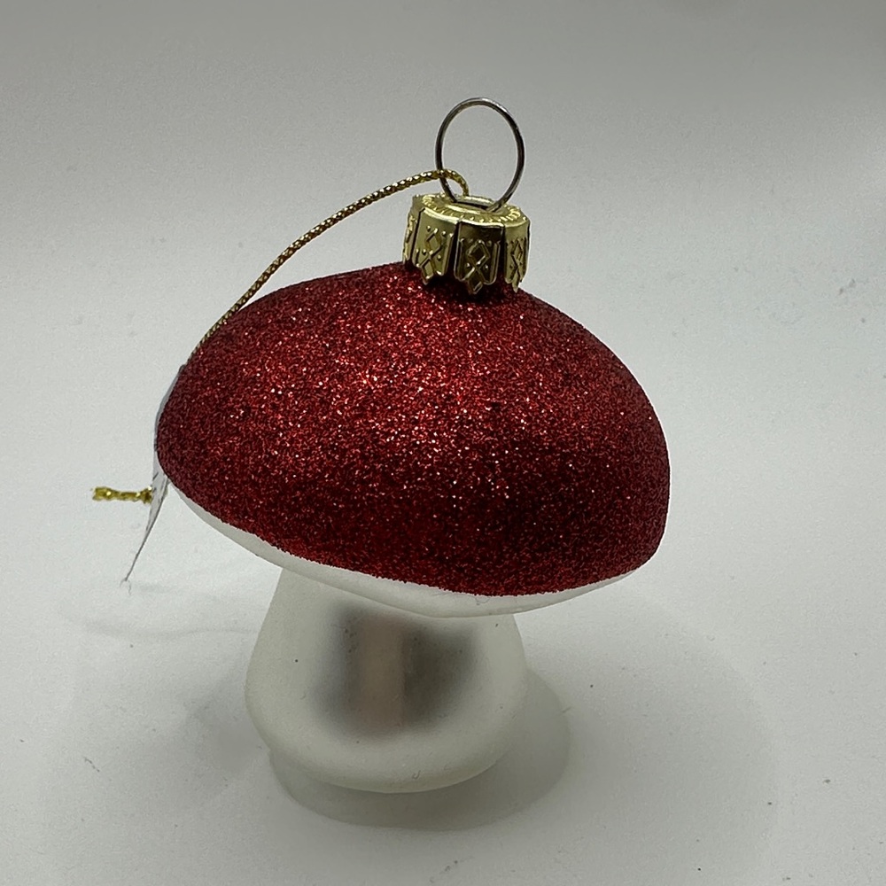 Karma Mushroom Glitter Top Glass Ornament - Red